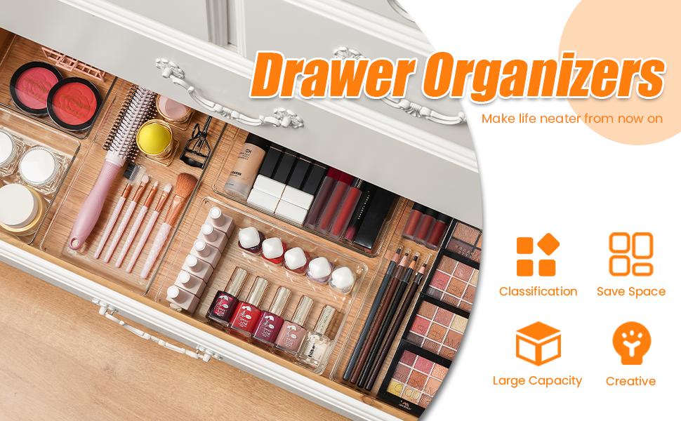 Snazzy 6 Pack Large Size Clear Plastic Drawer Organizers, Versatile