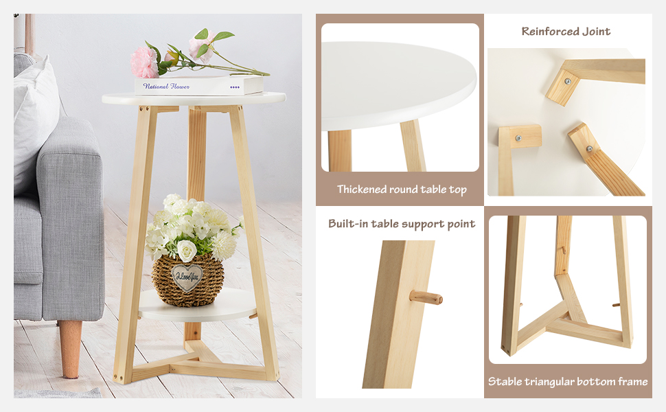 TINSAWOOD Round Side Table, TwoTier White Side Table for