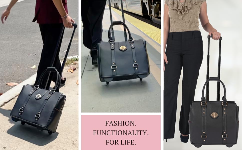women's briefcase rolling bag tote office purse leather laptop computer with wheels carry on
