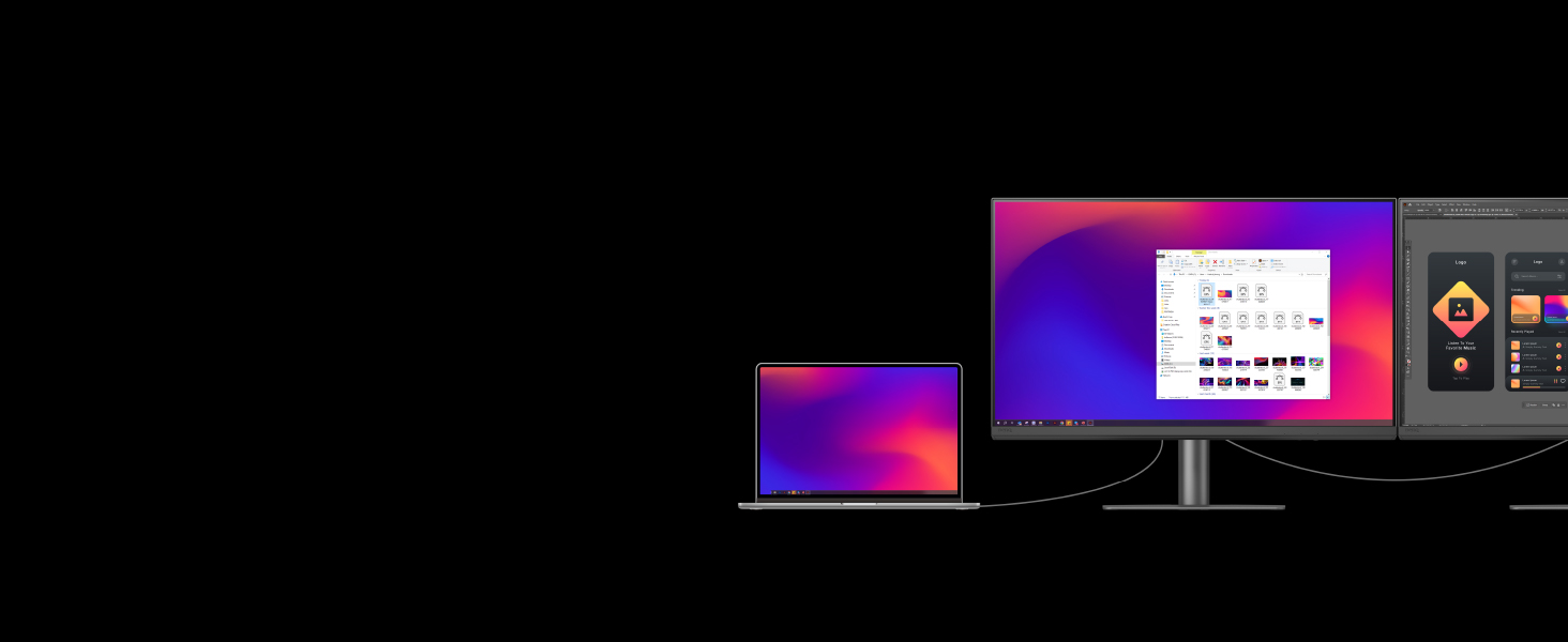 Extend your display across multiple monitors with DisplayPort MST. Mac devices not supported.