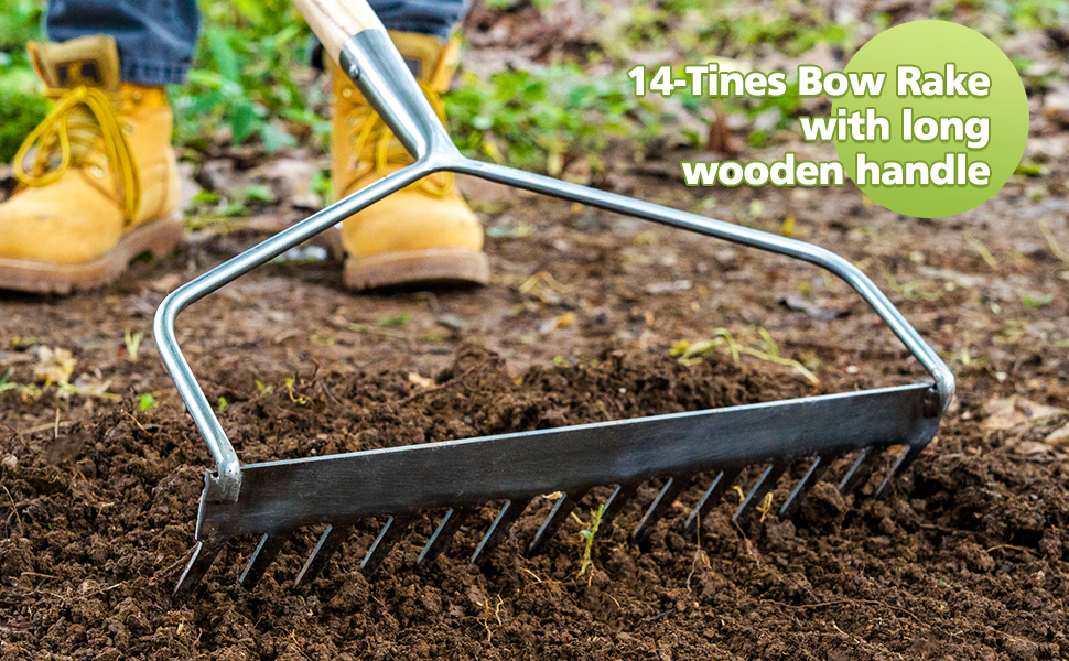 Berry&Bird 14 Tines Bow Rake for Gardening, 63inch Garden