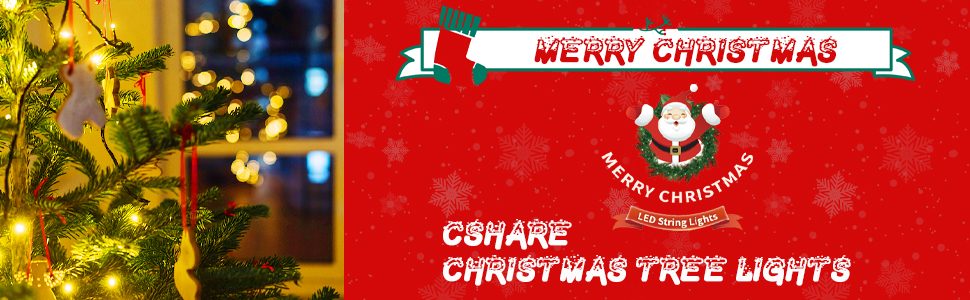 Christmas tree lights product advertisement with a lit tree on the left and red graphic on the right featuring 'Merry Christmas' text and a Santa Claus illustration.