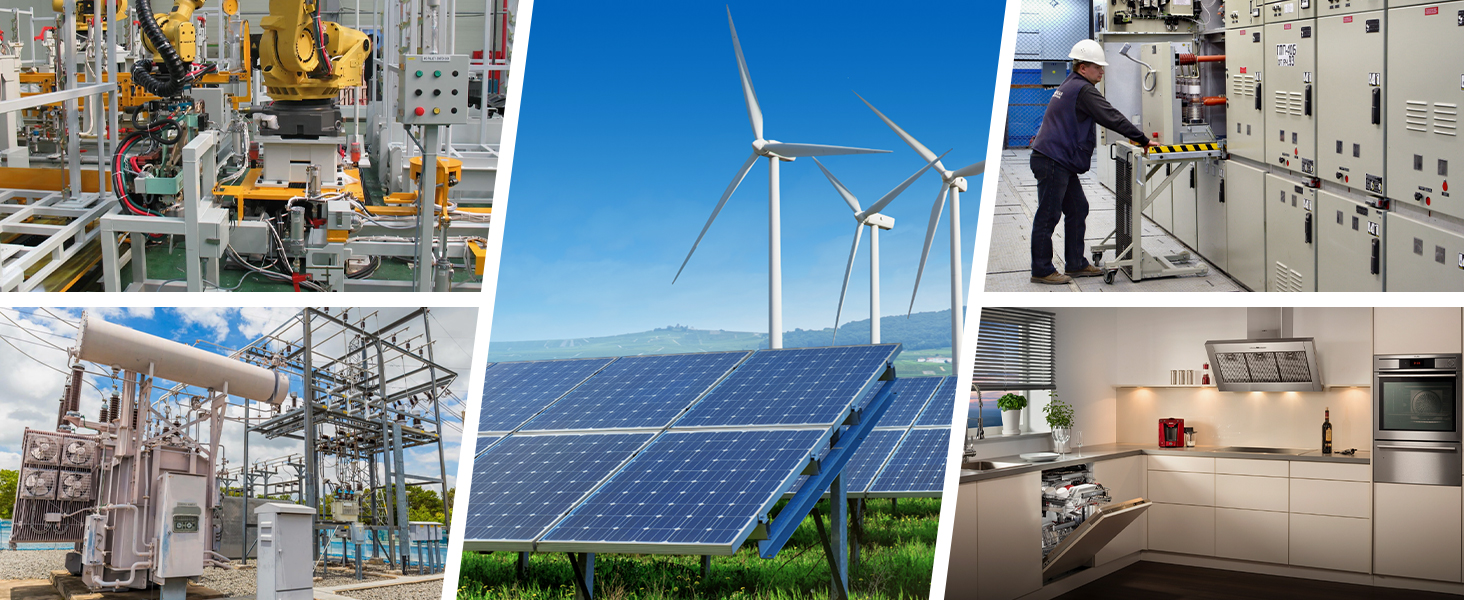 Collage aus sechs Bildern, die Industrie- und Energietechnologien zeigen: Fabrikinterieur, Windturbinen, Sonnenkollektoren und elektrische Ausrüstung