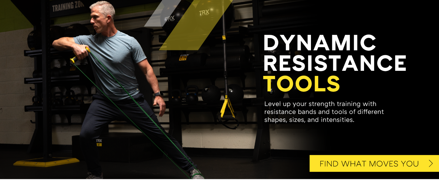 A man using TRX strength bands. Text reads: Dynamic resistance tools. 