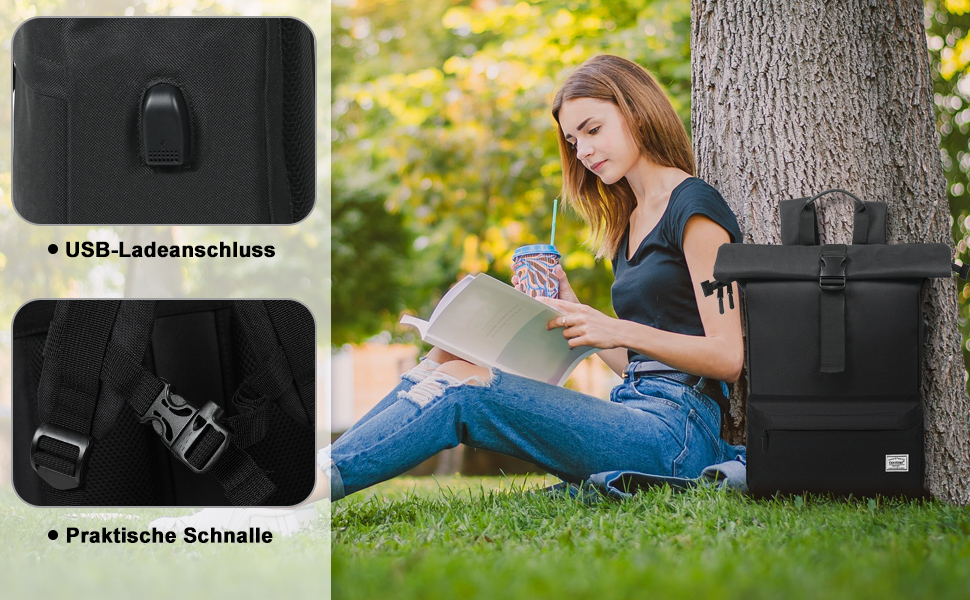 Sac à dos noir avec port de chargement USB et boucle pratique, caractéristiques indiquées dans les détails du produit et dans les paramètres d'utilisation en extérieur.