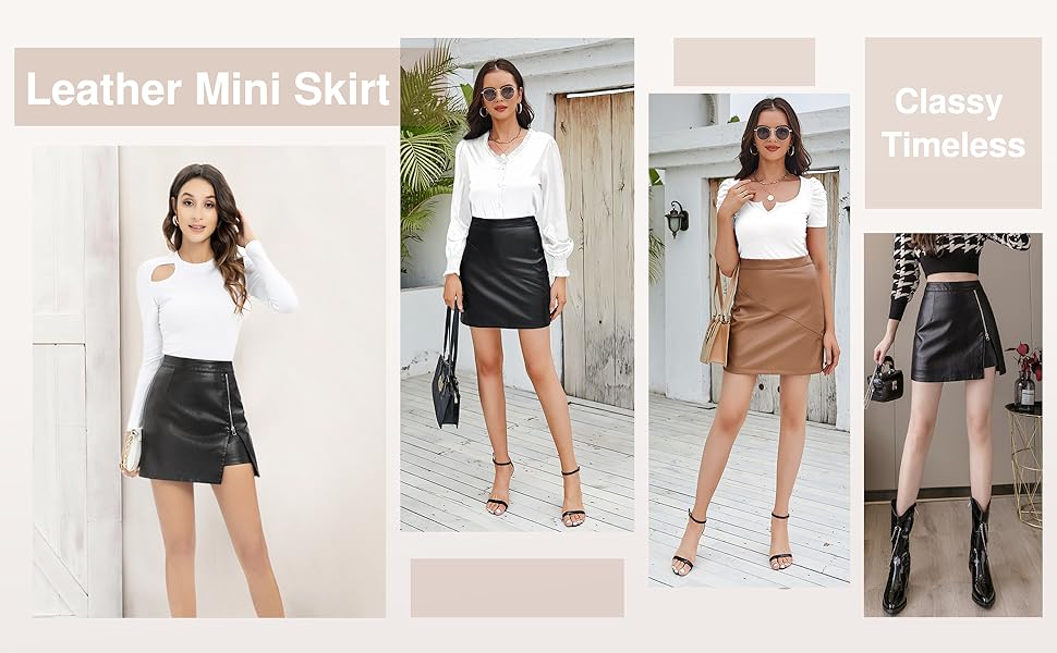 Faux Leather Mini Skirt High Waisted Bodycon A Line Pencil Short Skirt with Zipper for Women