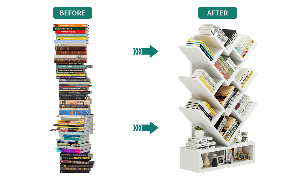 YITAHOME Tree Bookshelf, Floor Standing Bookcase with Wooden Drawer Industrial Shelving Units