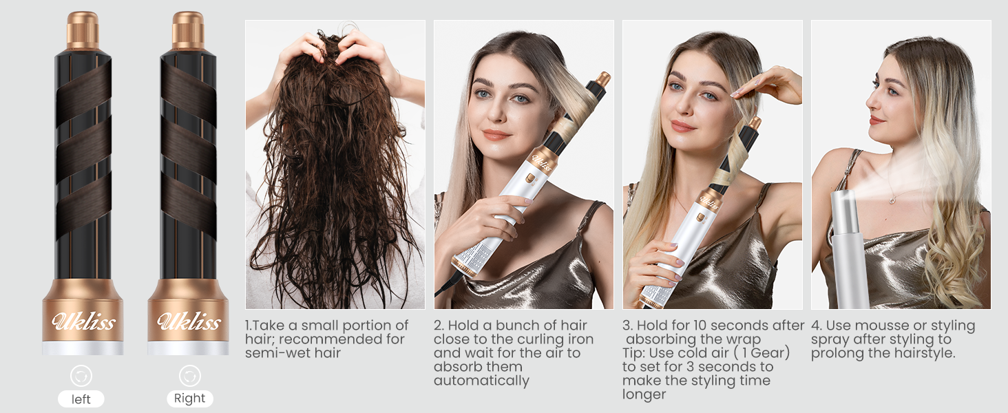 Four-step visual guide on how to use the air curler barrels for optimal results.