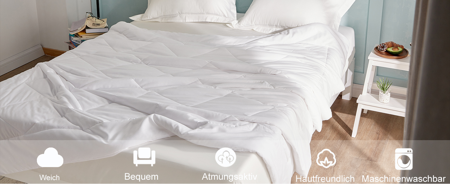 Unmade bed with crumpled white bedding. Bedside table visible. Icons below image suggest product features including machine washable and breathable qualities.