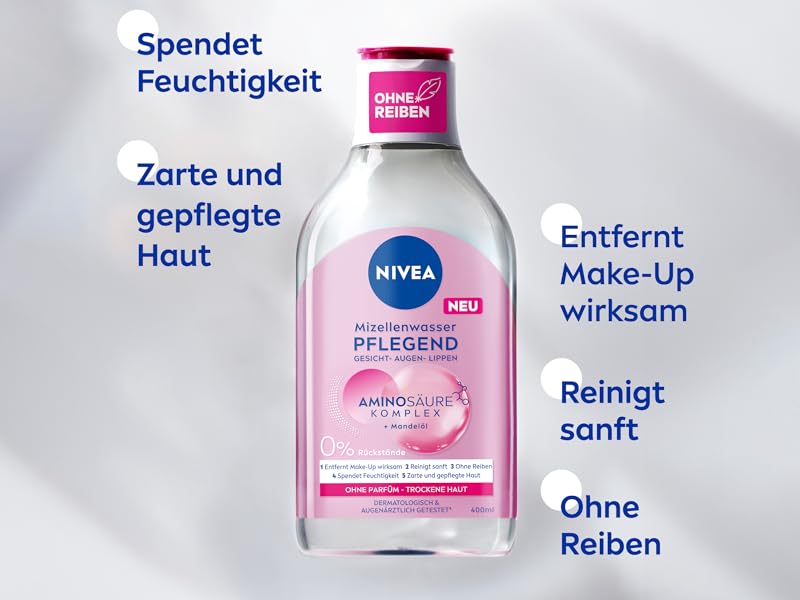 NIVEA Pflegendes Mizellenwasser, Gesichtswasser für trockene Haut mit Mandelöl und Aminosäuren