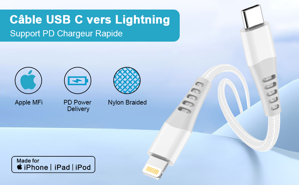 Câble iPhone USB C 2M [Certifié MFi], Câble USB C vers Lightning Cable