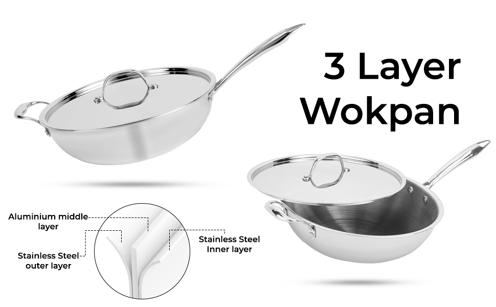 Royalford Triply StainlessSteel Wok Pan with Lid Deep Stir Fry Pan
