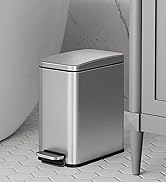 Modern rectangular step trash can in brushed stainless steel finish with pedal mechanism, positioned against white tiled floor and wall.