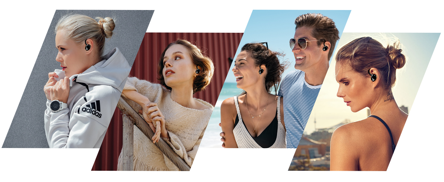 Collage of five people in various outdoor settings, wearing different styles of clothing and accessories. Triangular layout with overlapping images.