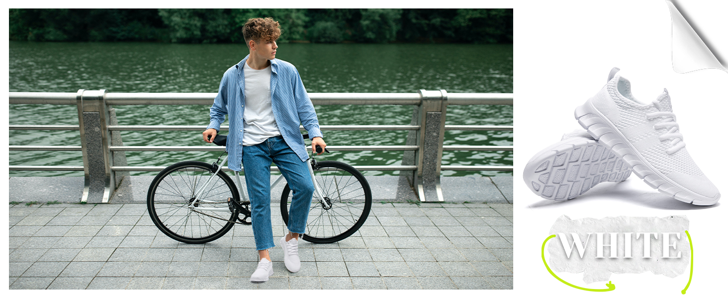 Split image: Left shows person with bicycle near water. Right displays pair of white sneakers with knitted texture and thick soles.