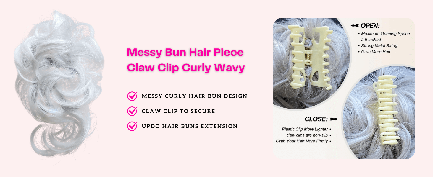 Messy Hair Bun with Bangs Set 3 PCS Grey Synthetic Hair Claw Clip Bun and Long Side Curly Air Bangs