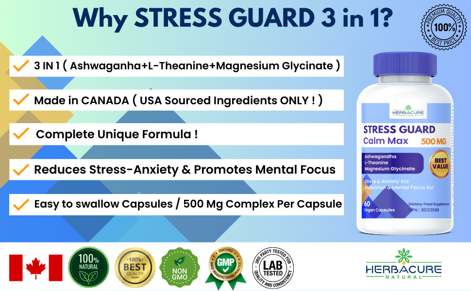 STRESS GUARD CALM MAX 3 IN 1 ASHWAGANDHA LTHEANINE MAGNESIUM GLYCINATE