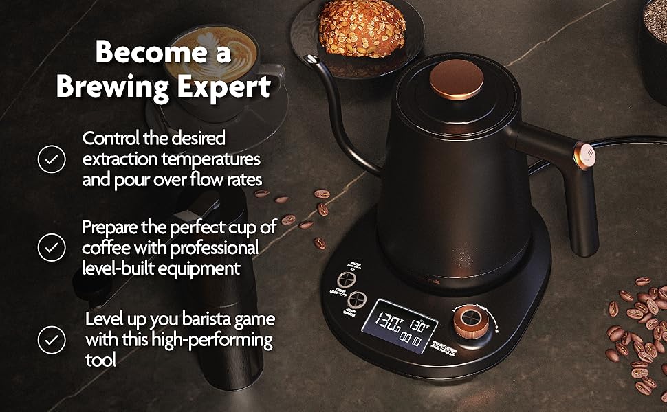 control temperature & pourover flow rates & prepare barista-grade coffee with professional equipment