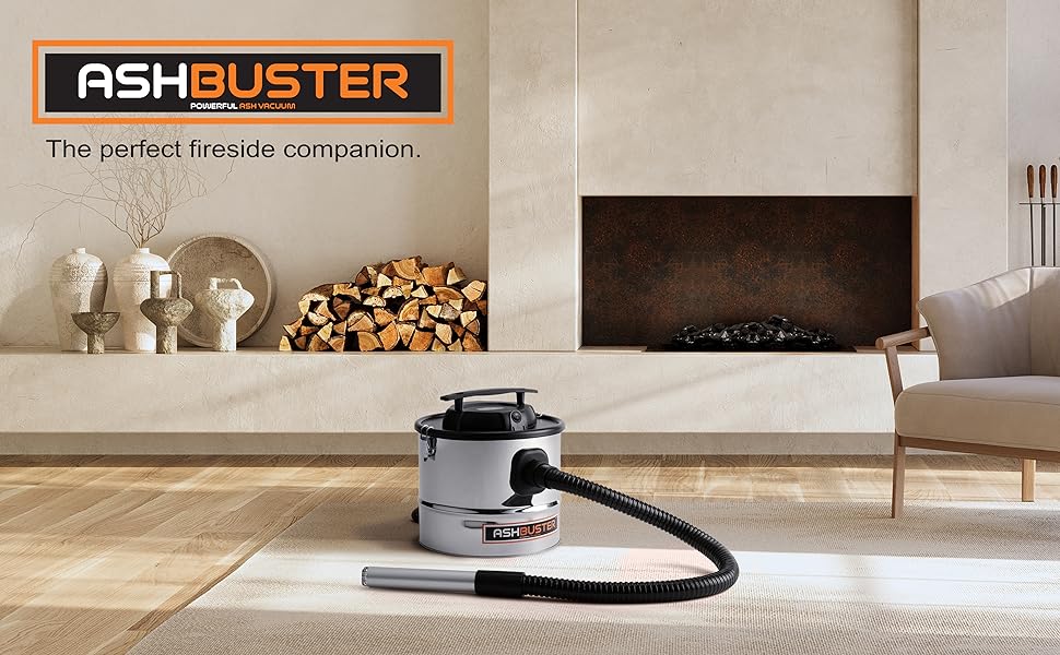 Text reads 'ASHBUSTER The perfect flexible companion'. Multiple images showing a robotic vacuum cleaner in action on wooden flooring, demonstrating its cleaning capabilities.