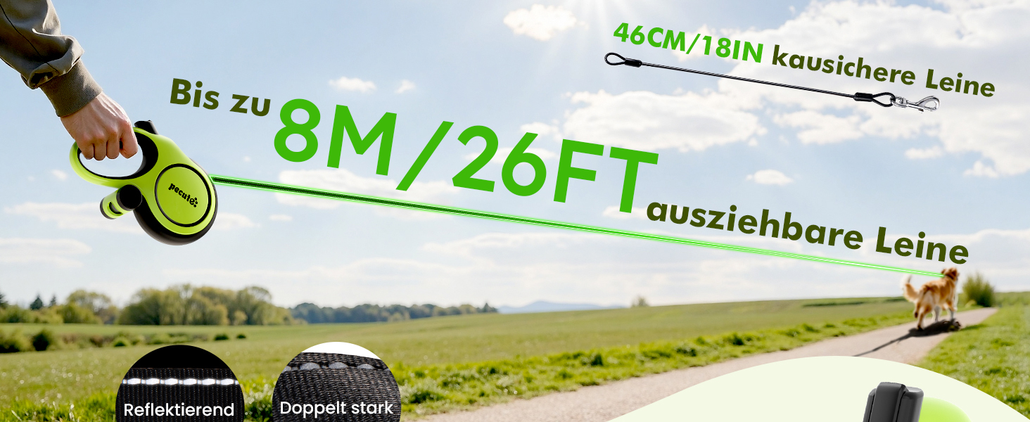Der Text lautet „Bis zu 8M/26FT“ und „ausziehbare Leine“. Grüne Texteinmischung auf einer Naturszene im Freien mit Informationen zu den Produktmaßen.