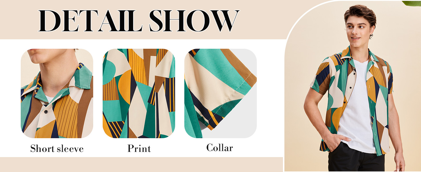 Men's Casual Geo Graphic Print Short Sleeve Button Down Shirt Top Beach Shirts