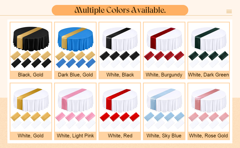 Tudomro 8 Pcs Round Plastic Tablecloth and 12"x108" Satin Table Runner Kit 84" Round