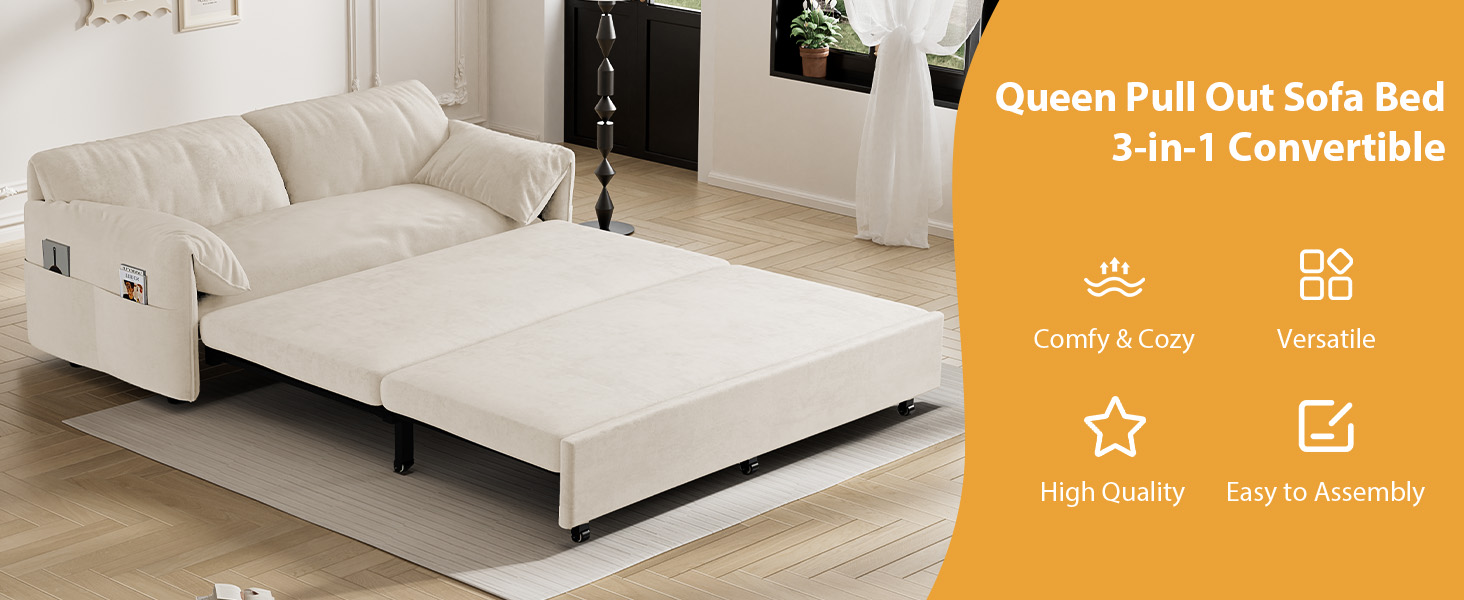 ONEMMLION 63.8" Queen Pull Out Couch Sofa Bed, 3 in 1