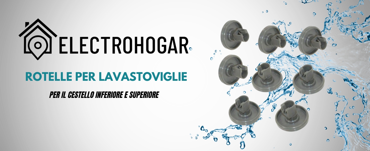 Ruote per lavastoviglie Electrohogar per cestelli inferiori e superiori. Diverse ruote in plastica grigia mostrate con effetto spruzzi d'acqua