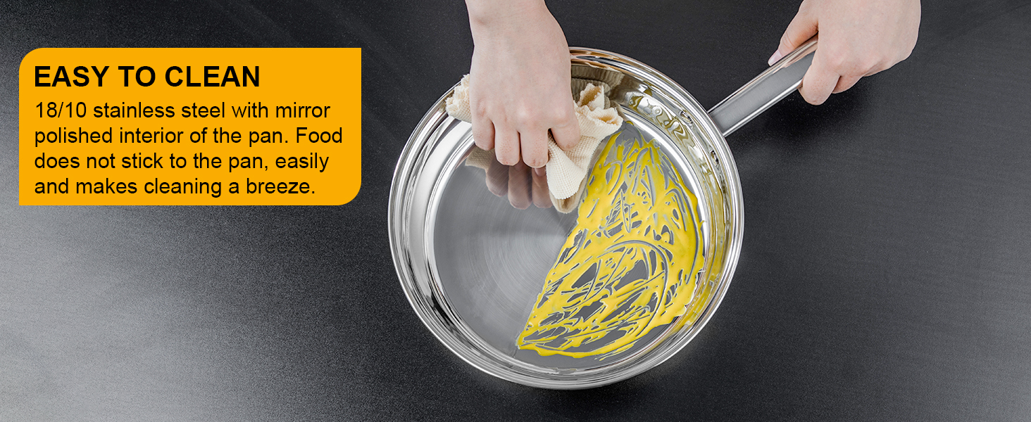 Hands cleaning a stainless steel pan with yellow sponge. Text highlights easy-to-clean polished interior that prevents food sticking.