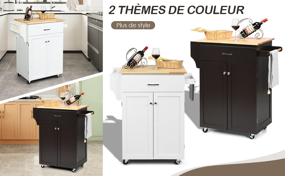 GOPLUS Desserte Îlot De Cuisine Roulant En Bois De Caoutchouc, Tiroir, 2 Portes, Support à Épices, Porte-Serviettes, Chariot De Service Sur Roues Verrouillables, 82 X 48 X 91 Cm, Marron 16 1
