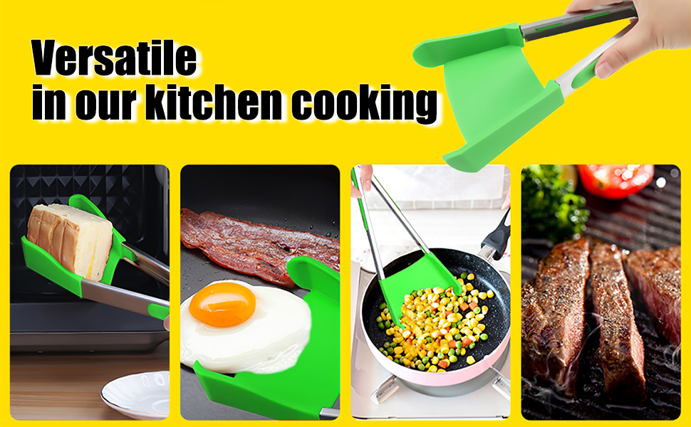 2 in 1 Spatula and Tongs, Silicone Kitchen Tongs Non Stick Tongs with Heat Resistant Stainless