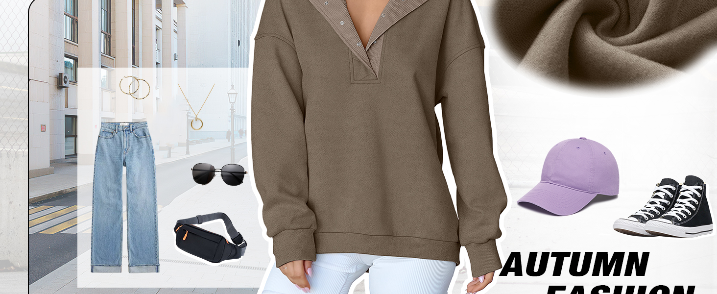 Oversized Henley Neck Sweatshirts for Women 2025 Trendy Fashion Shirts TOPS