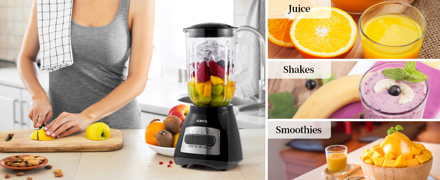 Kitchen blender with fruit ingredients. Collage shows person cutting fruit, blender with colorful ingredients, and various smoothies and juices in glasses. Demonstrates blender's versatility for making healthy drinks.