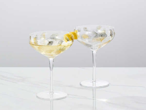 記念日に★グラス２個付CHAMPAGNE Amazon.com | Vintage Ginko Leaf Decal Champagne Coupe | Set