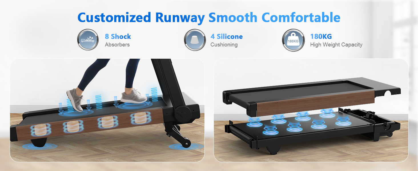 Text reads 'Customized Runway Smooth Comfortable'. Multiple views of a black skateboard-style device with wheels and adjustable components.