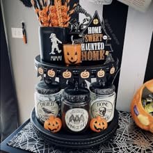 wood beaded 2-tier tray shelf with halloween decor mugs and pumpkins