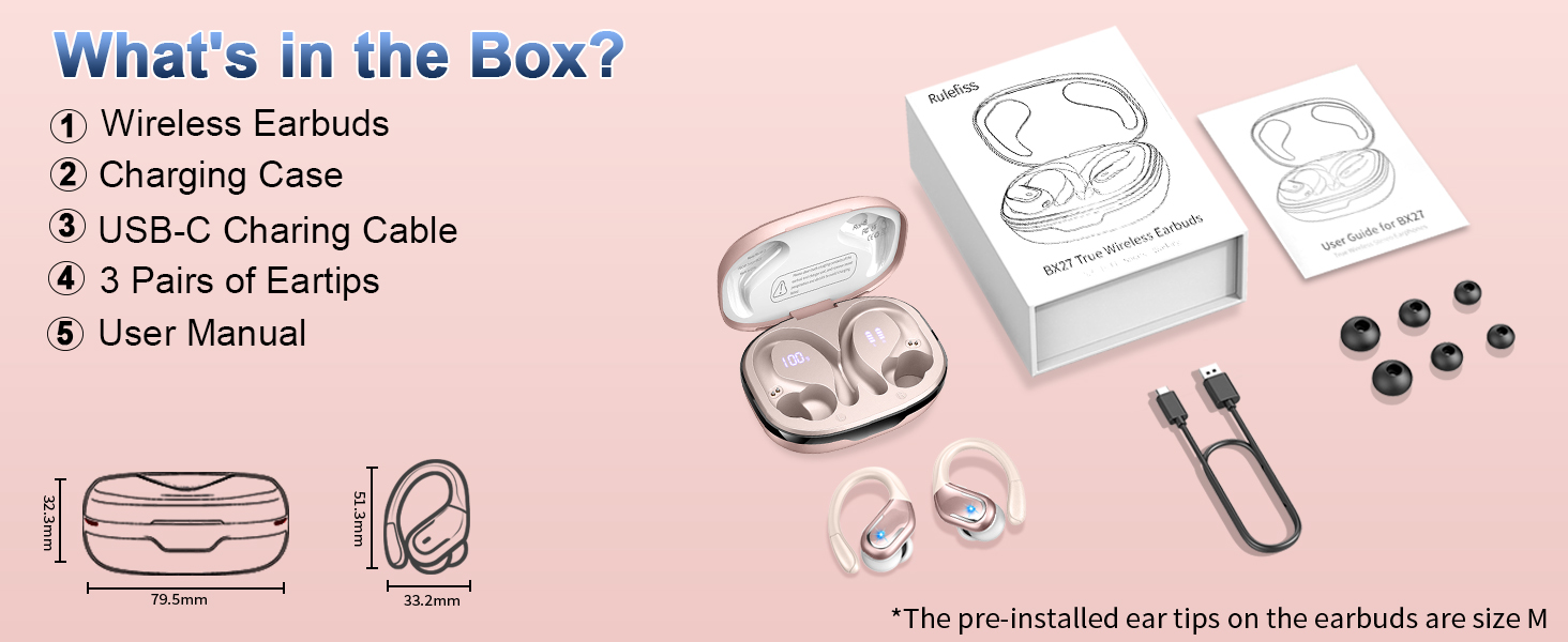 Wireless earbuds set with charging case, USB-C charging cable, extra ear tips, and user manual. Compact design in white color.