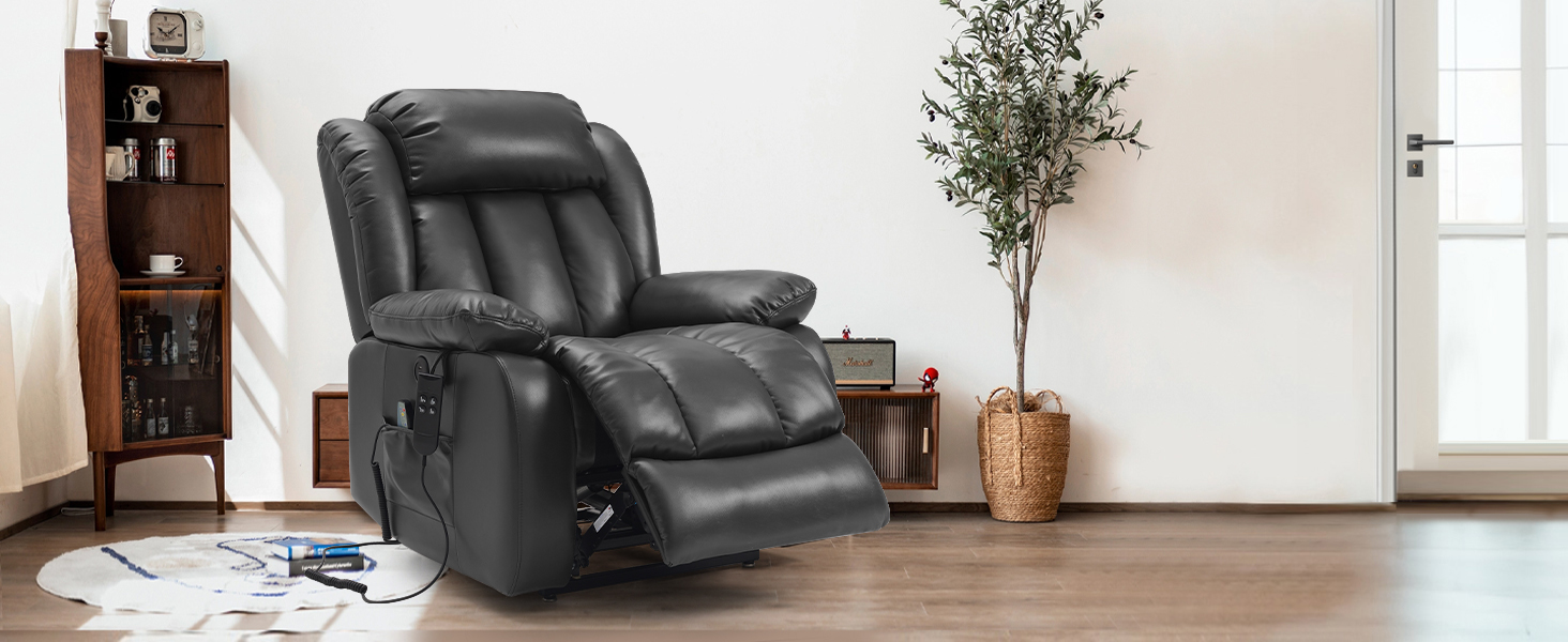 Bilderserie, die einen schwarzen Ledersessel oder ein Sofa in verschiedenen Positionen zeigt, demonstriert in einer modernen Wohnzimmerumgebung.