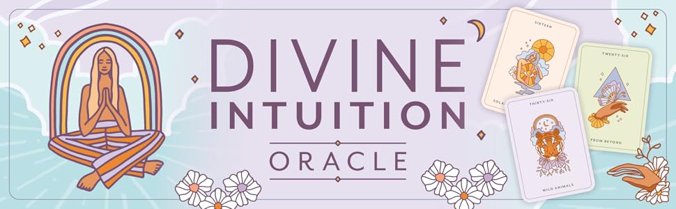 woman meditating under rainbow illustration with divine intuition deck on right