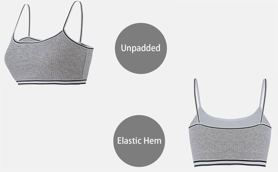 Le texte indique « Ourlet élastique, non rembourré ». Vitrine de produits de soutiens-gorge de sport aux couleurs gris et blanc, présentant de multiples vues du même style avec de fines bretelles et un design de bande élastique.