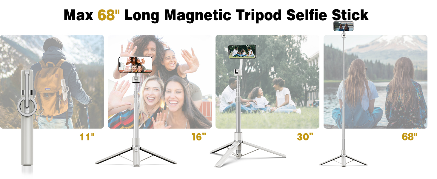 TONEOF 68" Magnetic Selfie Stick Tripod with Aluminum Strong Magnetic Holder for Magsafe, 360° Rotatable Travel Phone Tripod Stand with Metal Ring & Rechargeable Remote for iPhone/Android(Beige Gray) 20 68in Magnetic Tripod Selfie Stick