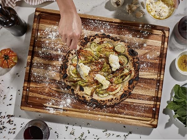 Sonder LA Teak edge grain constructed board, durable, water resistant, gentle on knives..