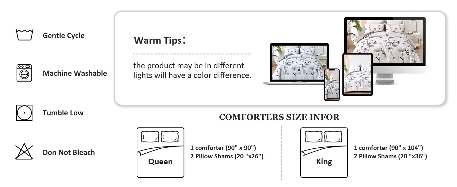 Dinjoy King Size Comforter Set Floral,Gray Bedding Sets