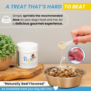 A woman's hand pouring the powder on a bowl of dog food