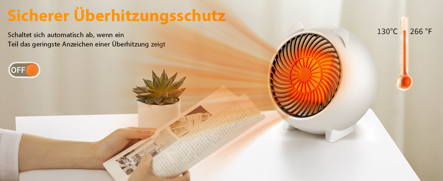 Weiße Kugelheizung mit orange leuchtender Mitte. Deutscher Text 'Sicherer Überhitzungsschutz' sichtbar. Die Temperaturskala zeigt einen Bereich