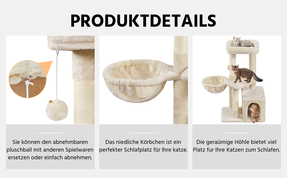 Mehrstöckiges Katzenmöbel mit beigen Plattformen, hängenden Spielzeugen und einem runden Hängemattenbett. Produktdetails werden in drei Panels angezeigt, die unterschiedliche Funktionen veranschaulichen.