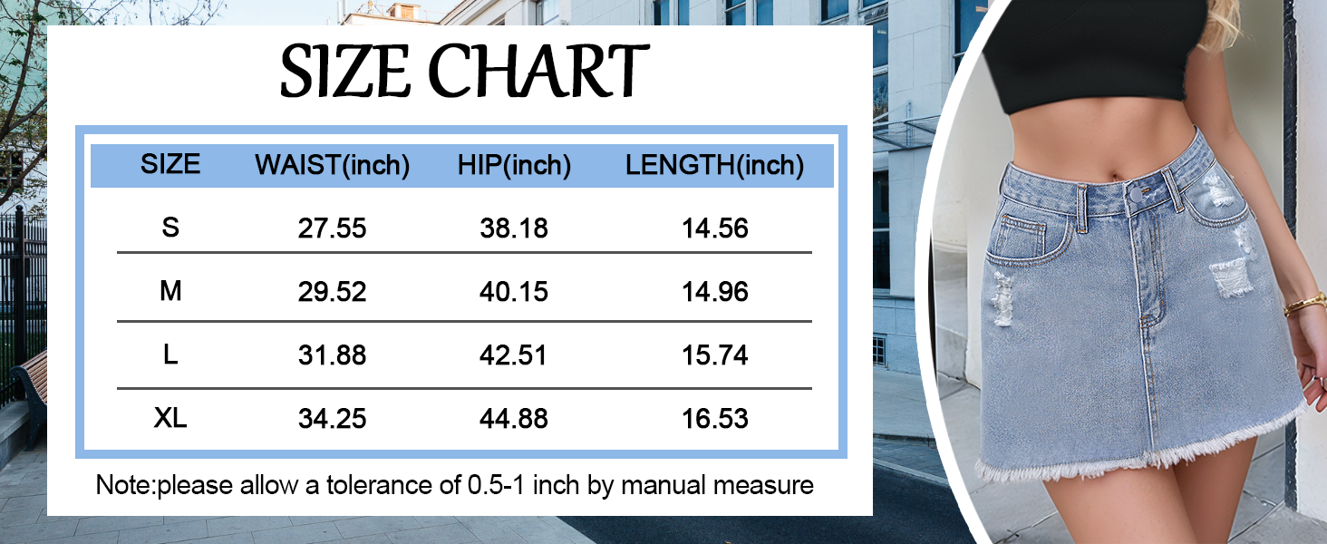 Denim Skirt Women Mid Waist Jean Skirts Ripped Frayed Raw Hem Denim Skirts Cute Short Denim Skrit