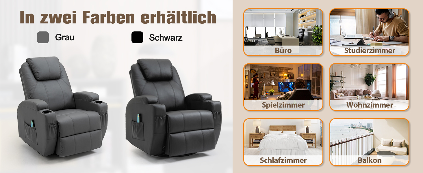 Relaxsessel in Grau und Schwarz erh&auml;ltlich. Zur Ausstattung geh&ouml;ren 360&deg;-Drehfunktion, Schaukelfunktion, Fu&szlig;st&uuml;tze, USB-Anschluss, Getr&auml;nkehalter und Seitentaschen. Geeignet f&uuml;r verschiedene Wohnr&auml;ume