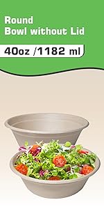 40 ounce round disposable paper salad soup bowl cereal container sugarcane bagasse bio degradable