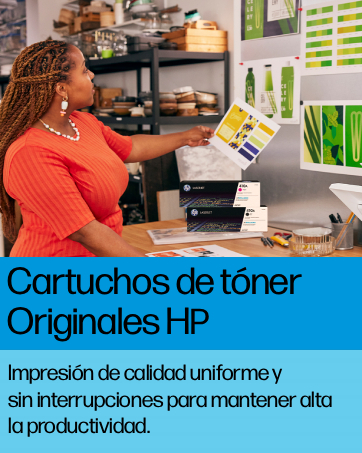 El texto dice: «Cartuchos de tóner Originales HP» e «Impresión de calidad uniforme y sin interrupciones para mantener alta la productividad». Persona que utiliza la impresora en un entorno de oficina.